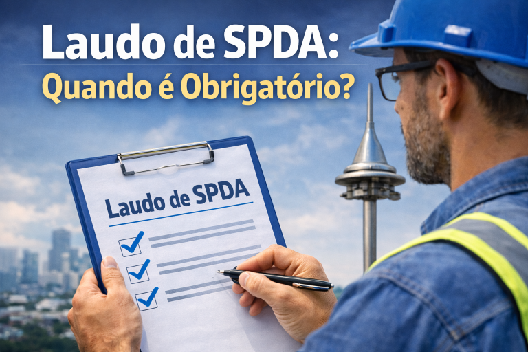 Engenheiro preenchendo laudo técnico de SPDA durante inspeção de para-raios