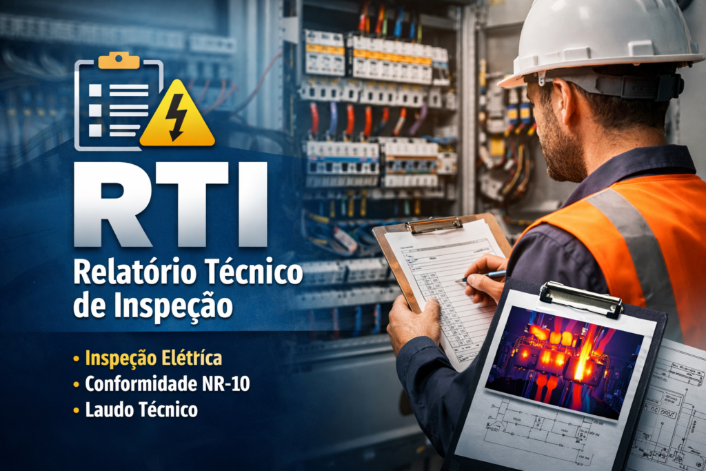 Engenheiro realizando inspeção em painel elétrico para elaboração de RTI – Relatório Técnico de Inspeção das instalações elétricas pela SRT Energia.