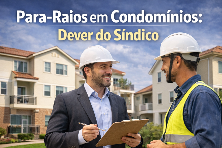 Síndico e técnico avaliando sistema de para-raios em condomínio residencial