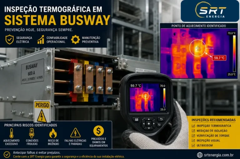 Inspeção termográfica em barramento blindado Busway identificando aquecimento em conexões elétricas de sistema de distribuição de energia.