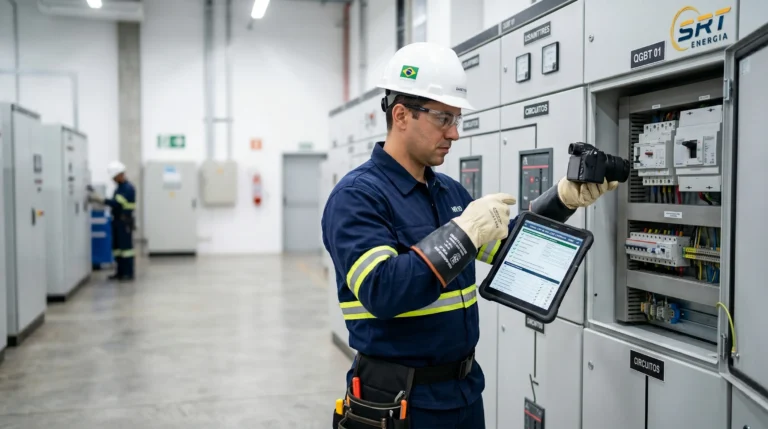 Engenheiro eletricista realizando inspeção técnica para elaboração de RTI conforme a NR10.