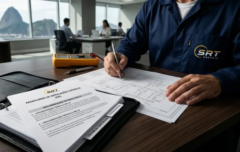 Engenheiro de prontuário de instalações elétricas analisando pastas de documentos e esquemas unifilares em escritório no Rio de Janeiro