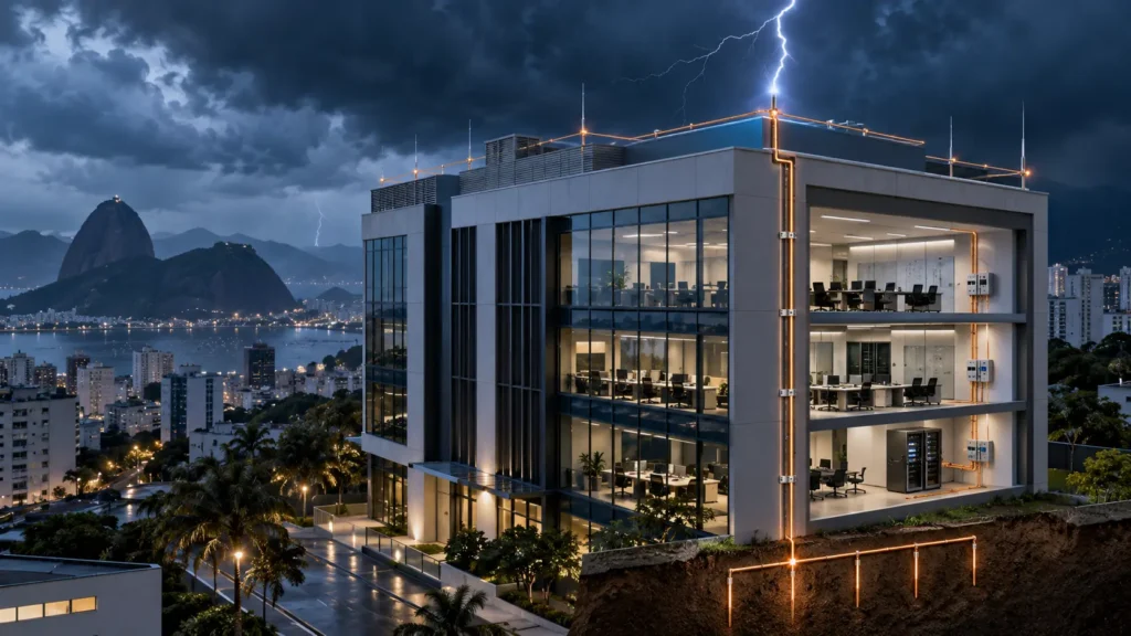 Sistema de proteção contra raios SPDA em edificação